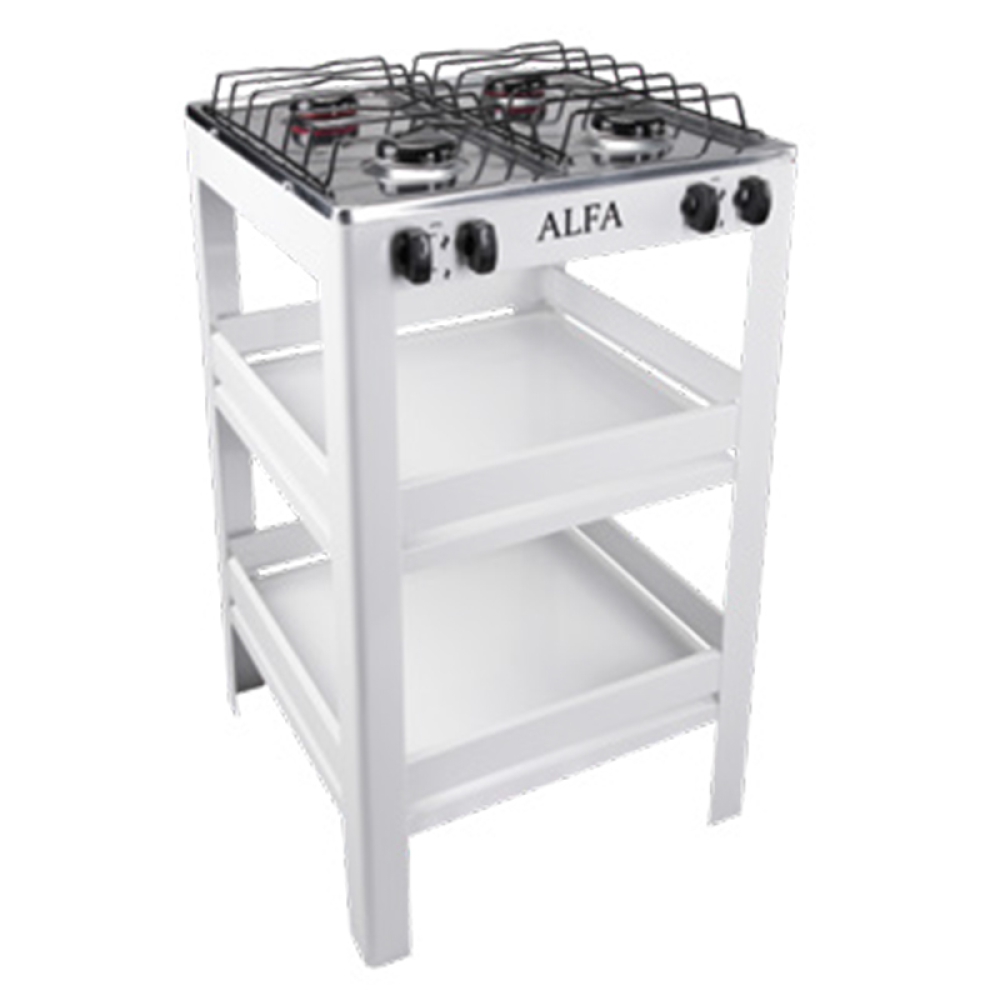 ESTUFA ALFA 4 QUEMADORES CUBIERTA ACERO INOXIDABLE 412S CON ESTANTE